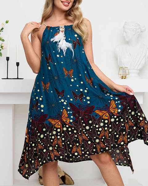 Moteriška mėlyna drugelio vasarinė suknelė – drabužiai