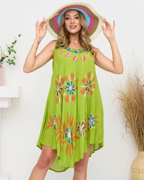 Moteriška žalia paplūdimio suknelė su gėlėmis – drabužiai