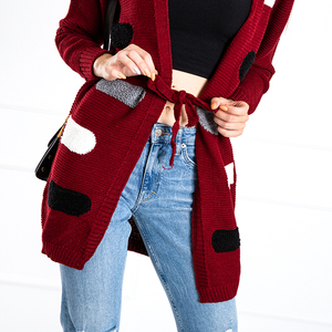 Moteriškas bordo spalvos rištas megztinis su spalvotomis juostelėmis - Drabužiai