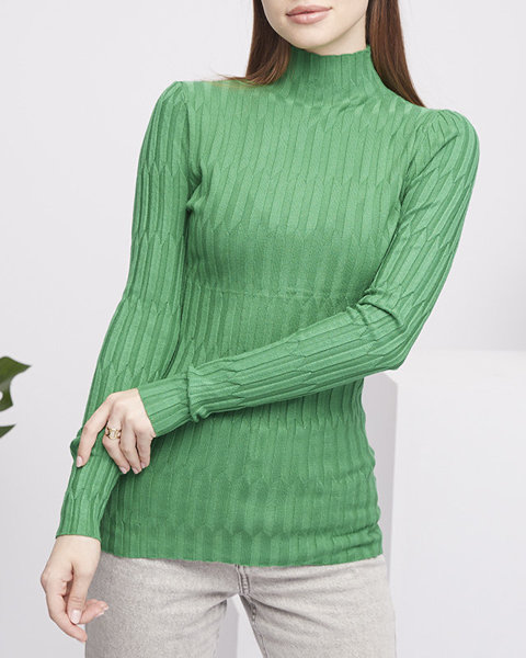 Moteriškas briaunotas megztinis su vertikalia apykakle žalios spalvos - Drabužiai