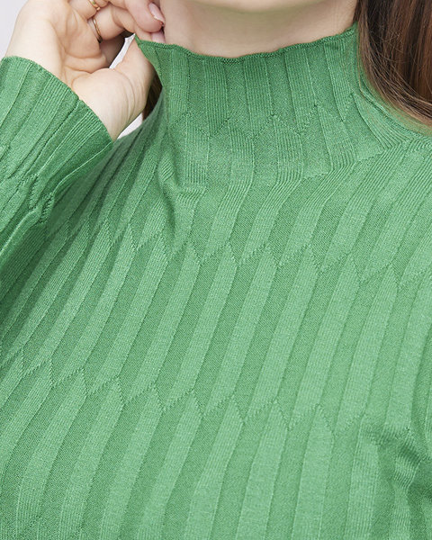 Moteriškas briaunotas megztinis su vertikalia apykakle žalios spalvos - Drabužiai