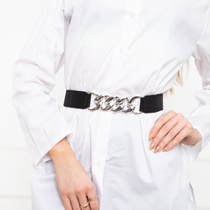 Moteriškas juodas elastinis diržas su sidabrine grandinėle – priedai