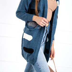 Moteriškas mėlynos spalvos rištas megztinis su spalvotomis juostelėmis - Drabužiai