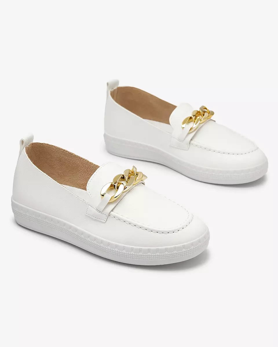 Moteriški balti mokasinai su aukso puošmena Ellica- Footwear