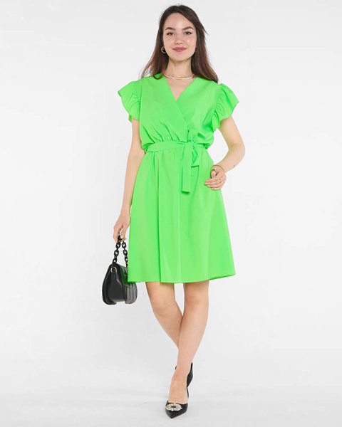 Neoninė žalia moteriška mini suknelė su kaklaraiščiu - Drabužiai