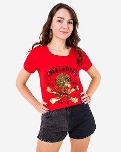 Raudoni moteriški marškinėliai su blizgučiais ir užrašais - Drabužiai