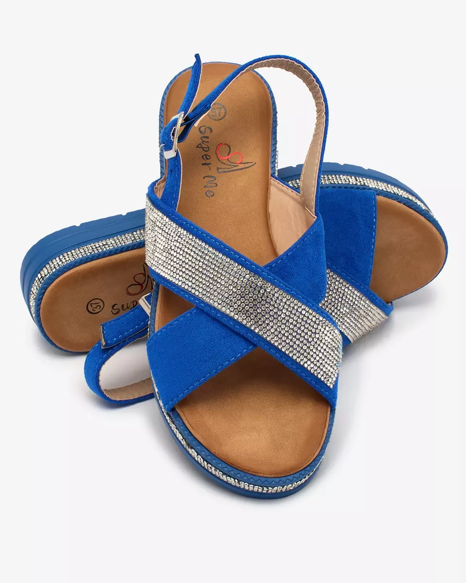 "Royalfashion" Kobalto spalvos moteriški ekovamzos sandalai su cirkonais "Trikys"