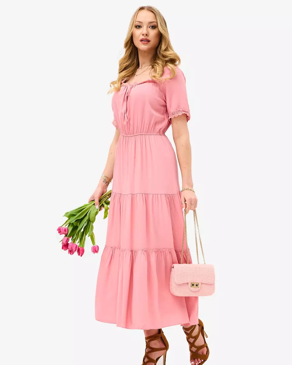 Rožinė ilga moteriška suknelė trumpomis rankovėmis - Apranga