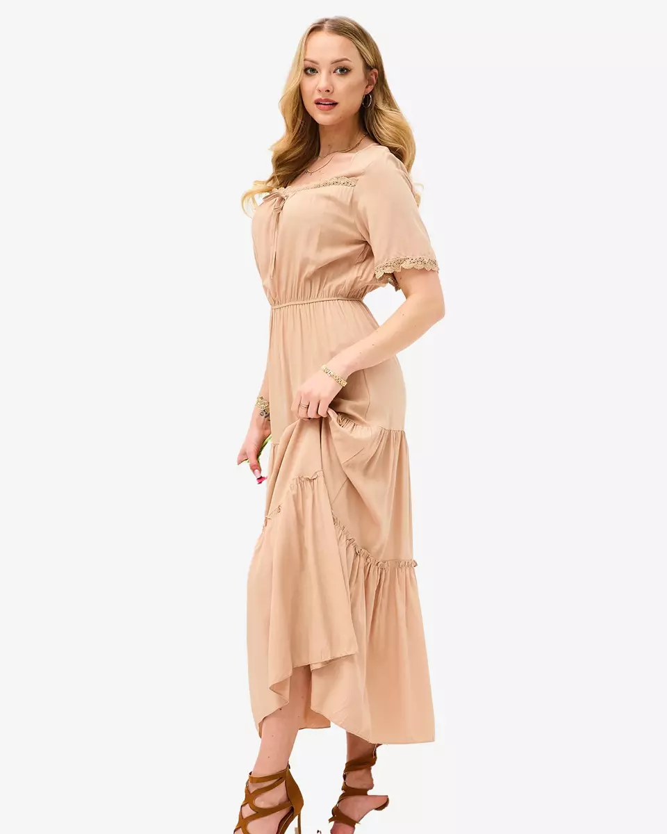 Smėlio spalvos ilga moteriška suknelė trumpomis rankovėmis - Apranga