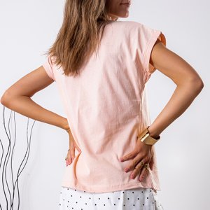 Švelniai rožiniai moteriški medvilniniai marškinėliai su įspaudu-Drabužiai