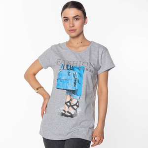 Šviesiai pilki moteriški marškinėliai su FASHION- Drabužių raštu