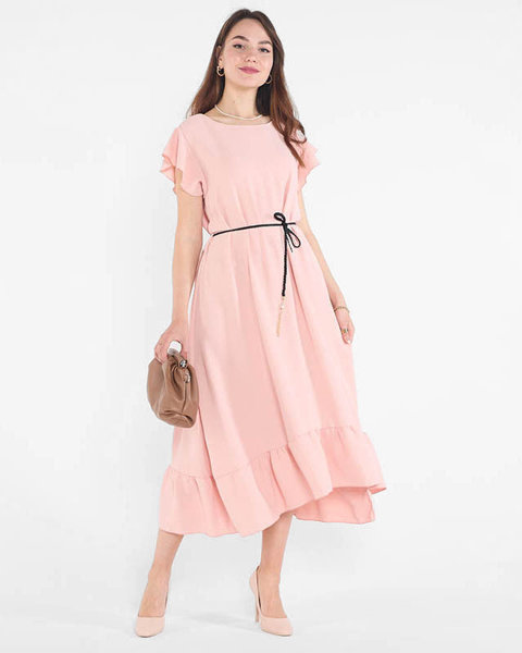 Šviesiai rožinė moteriška suknelė su raukšlėmis ir apkaustu ties juosmeniu - Drabužiai