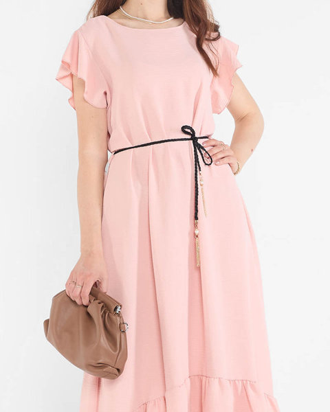 Šviesiai rožinė moteriška suknelė su raukšlėmis ir apkaustu ties juosmeniu - Drabužiai