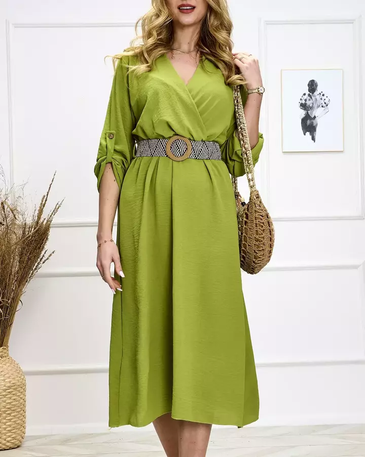 Šviesiai žalia moteriška ilga suknelė su diržu - Drabužiai