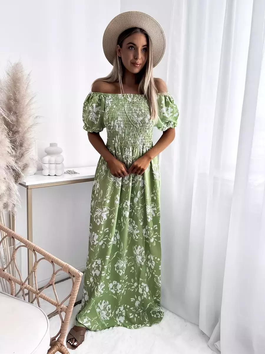 Šviesiai žalia moteriška maksi suknelė su gėlių raštu - Apranga