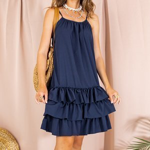 Tamsiai mėlyna moteriška suknelė ant pečių su raukšlėmis - Drabužiai