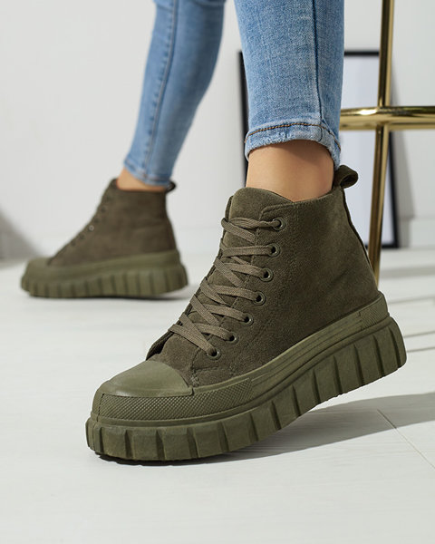 Tamsiai žali moteriški sportiniai batai su raišteliais a'la sneakers Netara - Avalynė
