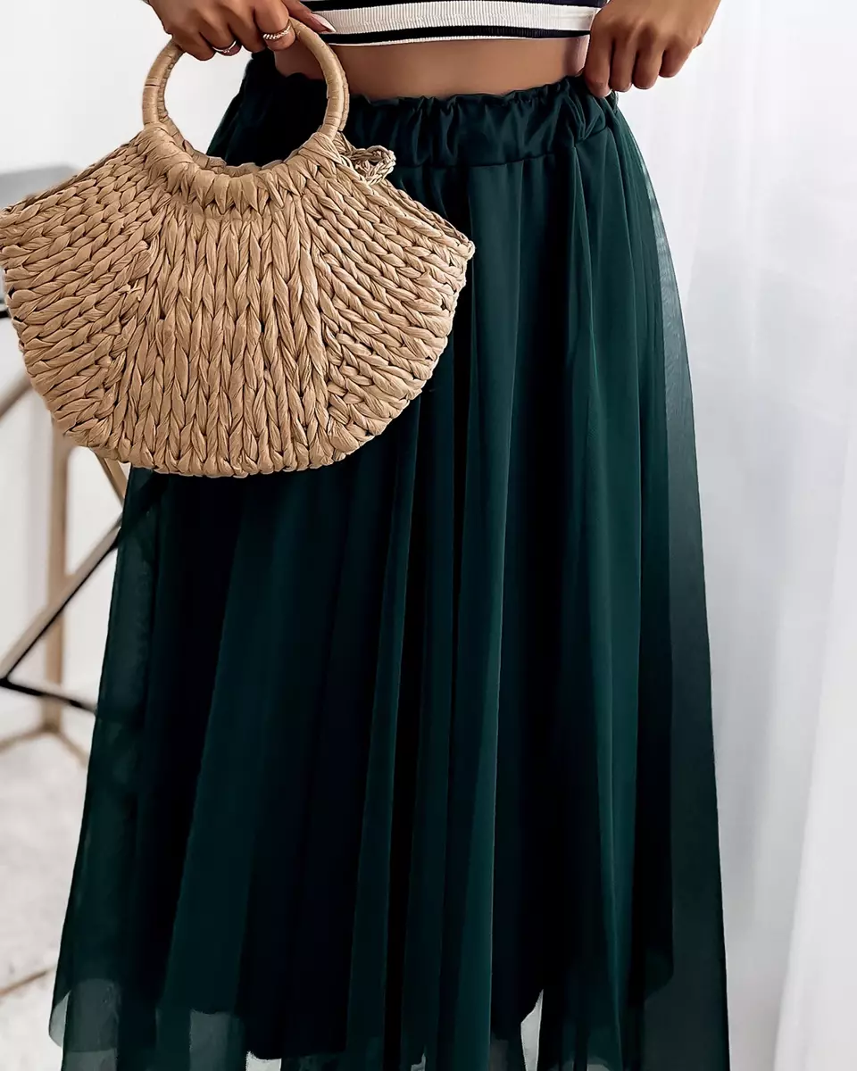 Tamsiai žalias moteriškas dvisluoksnis midi sijonas - Apranga