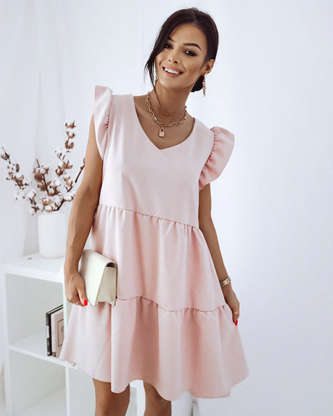 Trumpa moteriška suknelė su pastelinės rožinės spalvos raukšlėmis - Drabužiai