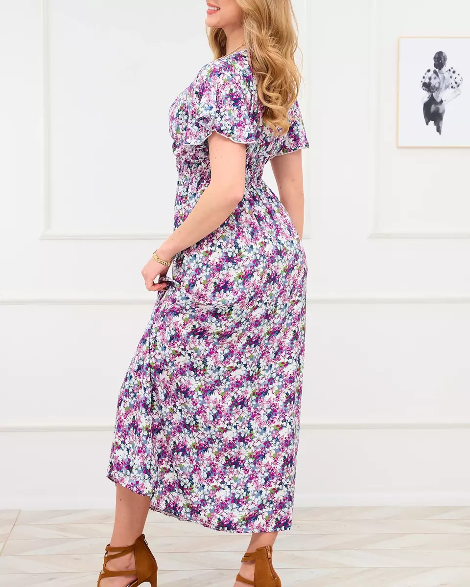 Violetinės ir pilkos spalvos gėlėta moteriška maxi suknelė - Apranga