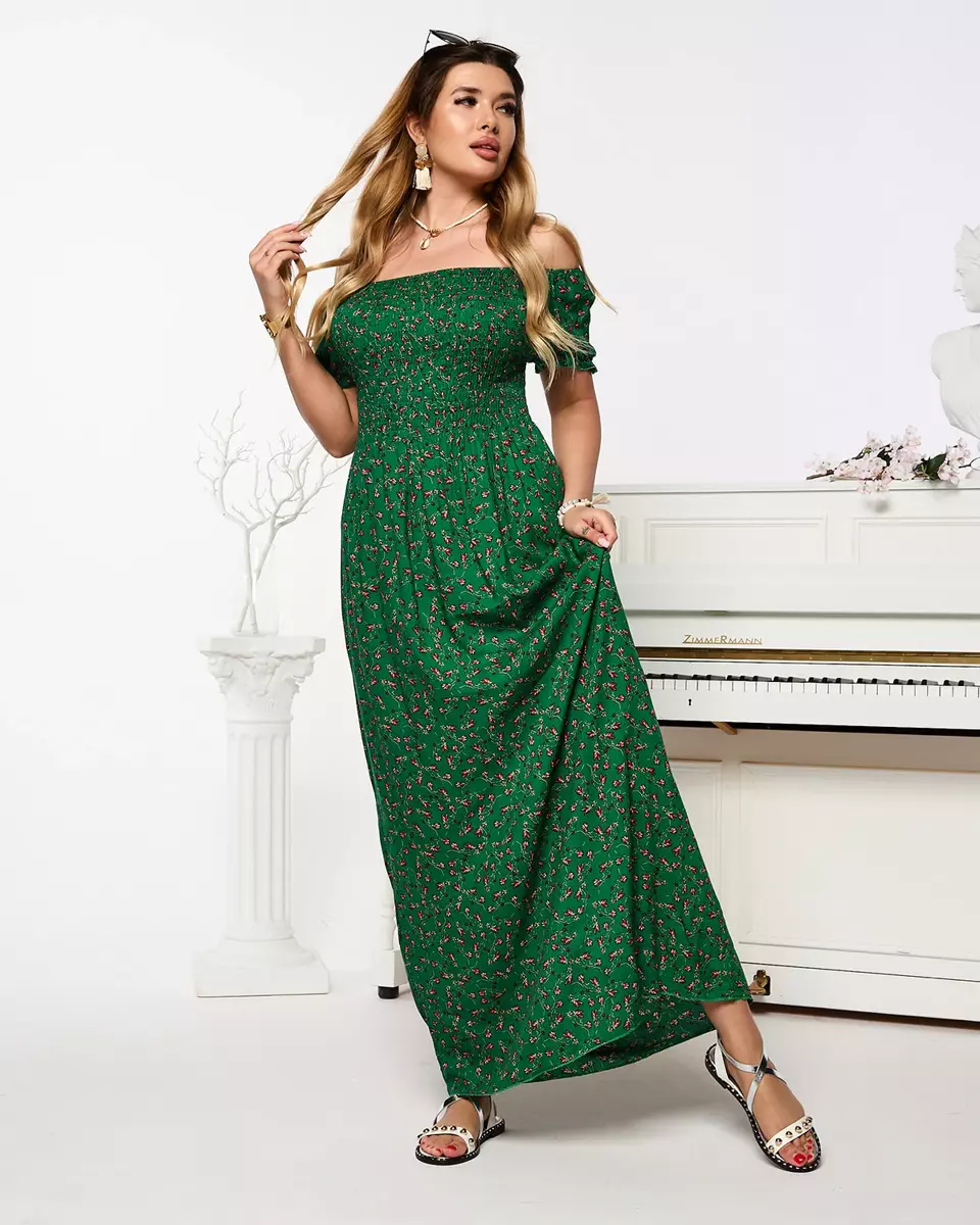 Žalia moteriška gėlėta midi ilgio suknelė - Apranga