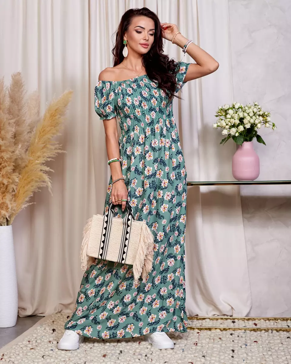 Žalia moteriška gėlėta midi suknelė - Apranga
