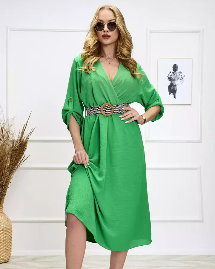 Žalia moteriška ilga suknelė su diržu - Drabužiai
