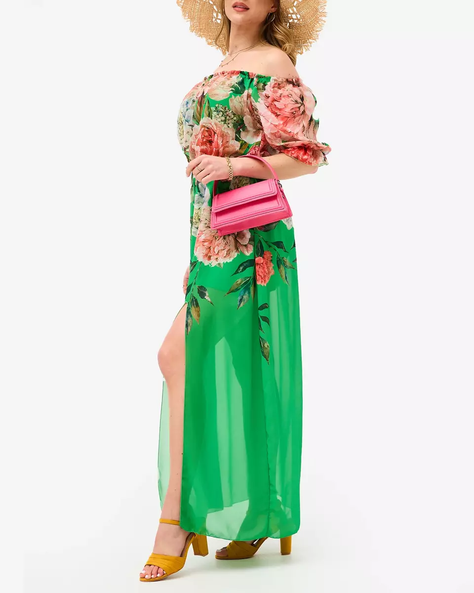 Žalia moteriška ilga suknelė su gėlėtu pamušalu - Apranga