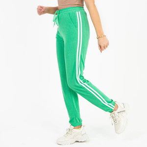 Žalios moteriškos sportinės kelnės su baltomis juostelėmis - Drabužiai