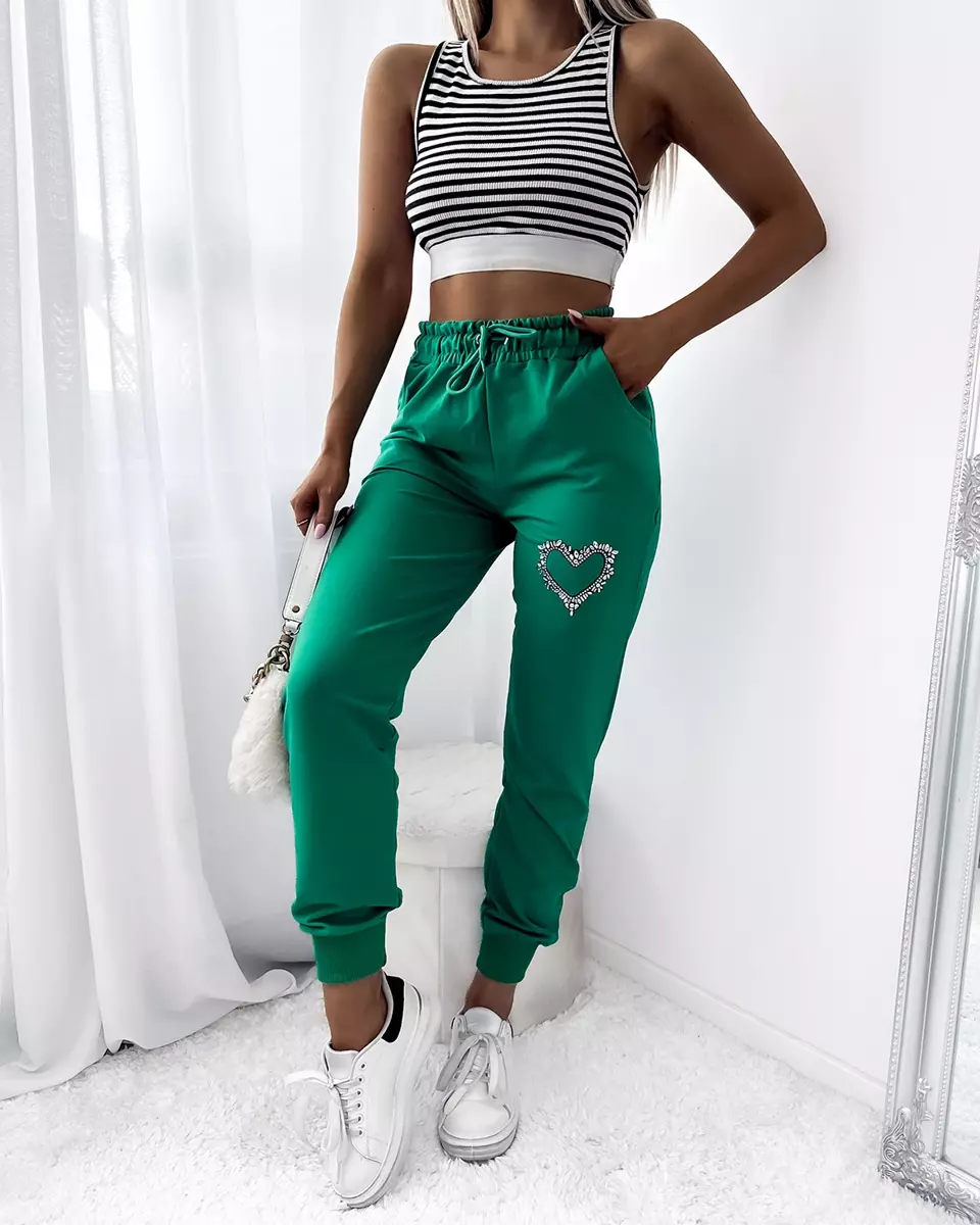 Žalios moteriškos sportinės kelnės su cirkonių papuošimais - Apranga