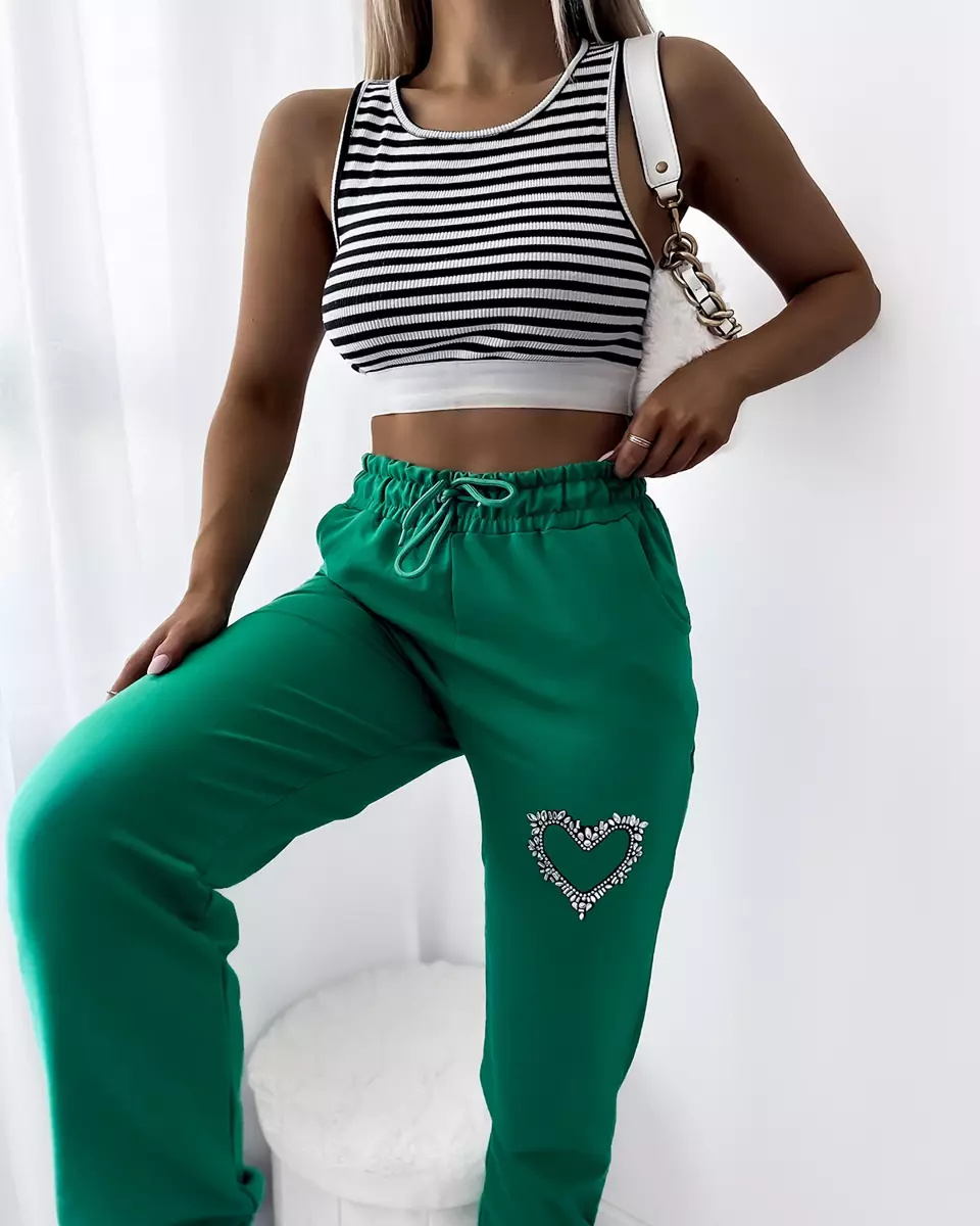 Žalios moteriškos sportinės kelnės su cirkonių papuošimais - Apranga