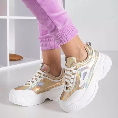Złote holograficzne buty sportowe na grubej platformie Nessa - Obuwie