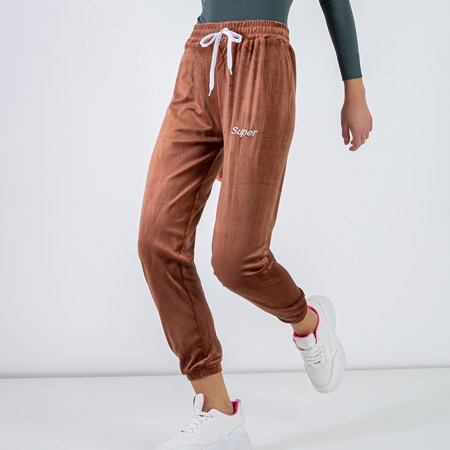Коричневые велюровые спортивные брюки с вышитой надписью - Одежда