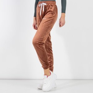 Коричневые велюровые спортивные брюки с вышитой надписью - Одежда