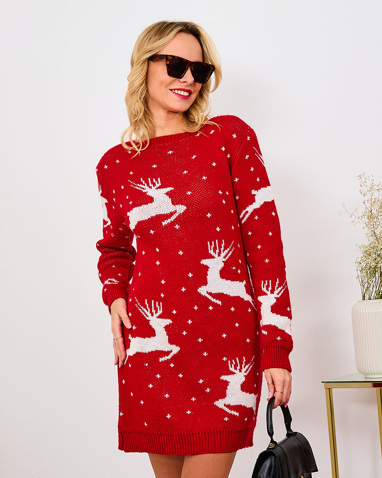 Красное женское платье в стиле свитера с рождественским принтом - Одежда