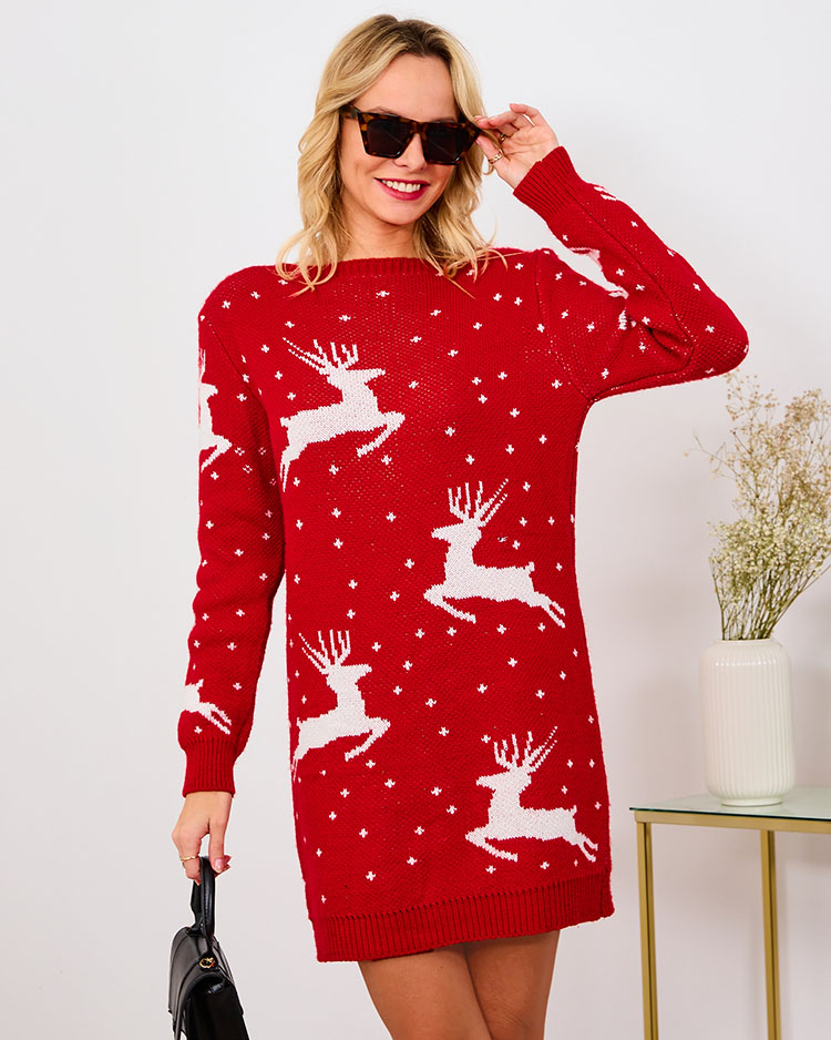 Красное женское платье в стиле свитера с рождественским принтом - Одежда