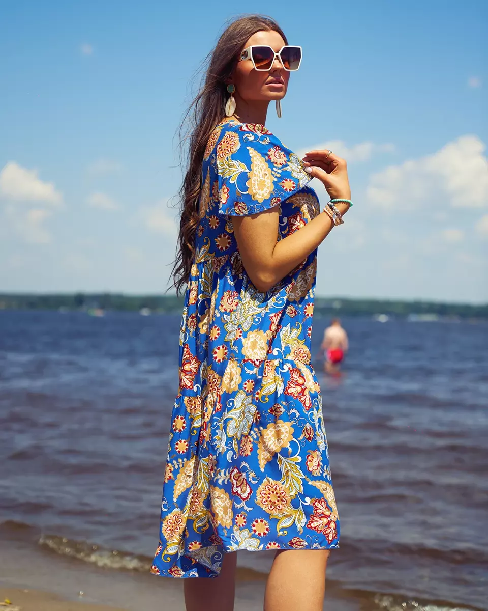 Royalfashion Кобальтовое женское платье с красочным цветочным рисунком
