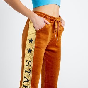 Женские коричневые спортивные штаны с золотыми лампасами - Одежда
